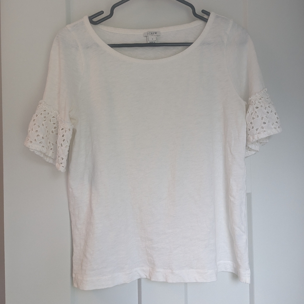 J. Crew White Tee with Eyelet Lace Sleeve Trim - Size Small